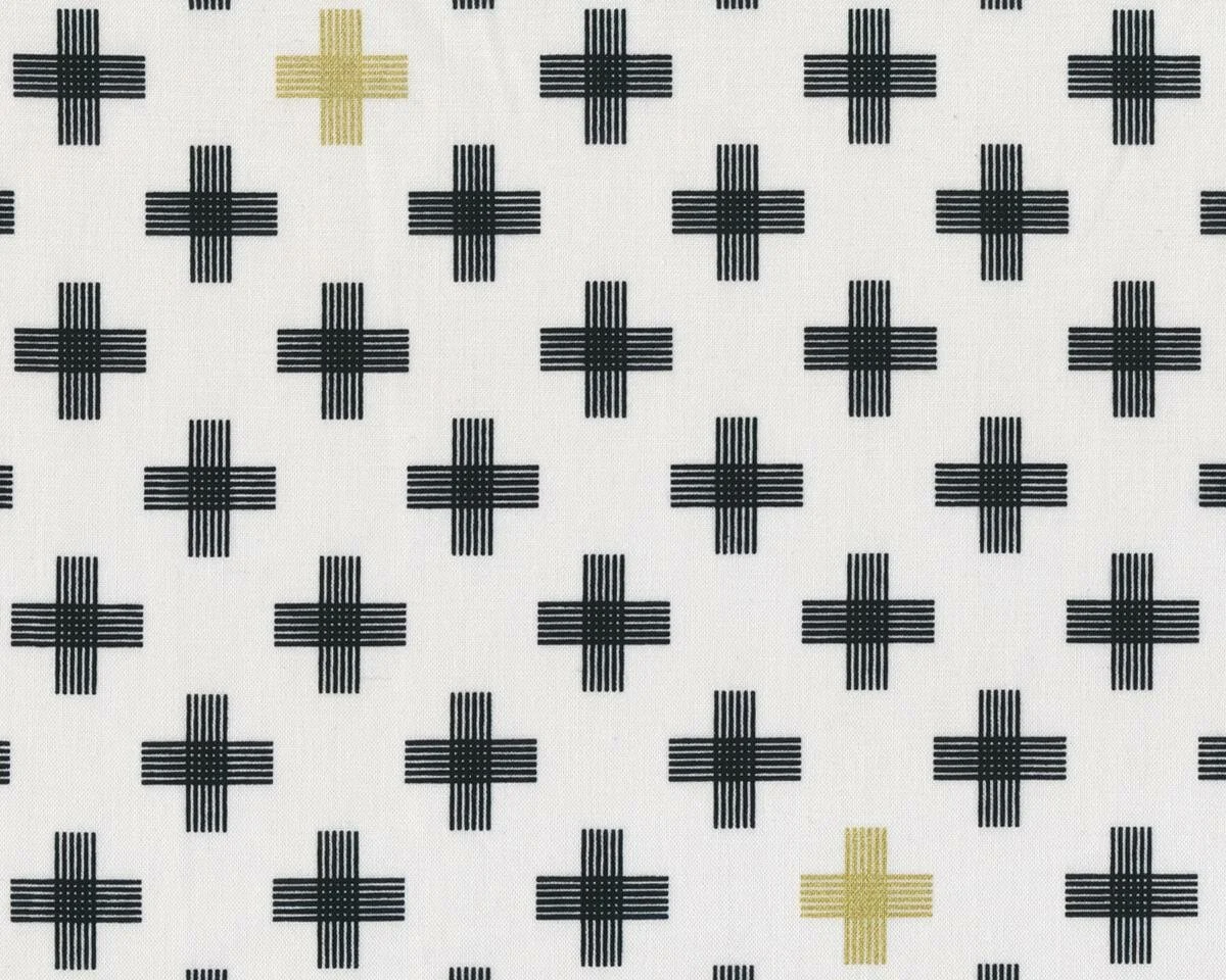 Patchworkstoff FOUR CORNERS, Kreuze, weiß-schwarz-gold metallic