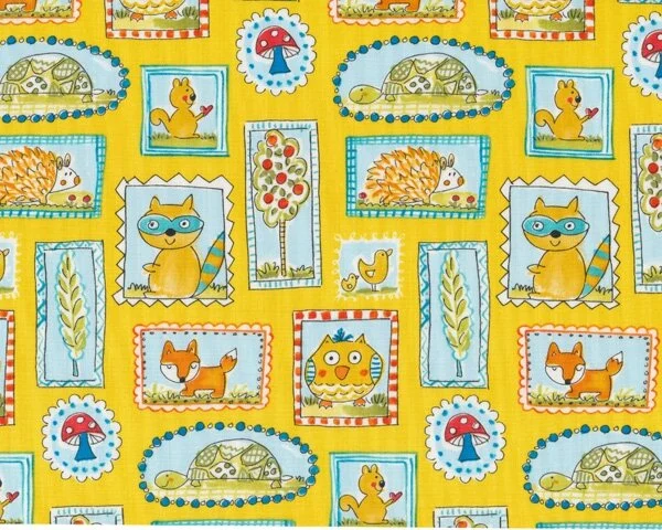 Patchworkstoff FOX PLAYGROUND, Waldtierkinder im Bilderrahmen, maisgelb-hellblau