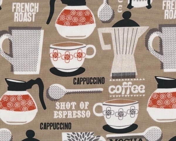 Patchworkstoff FRENCH ROAST, Kaffee-Geschirr, beigebraun, Michael Miller