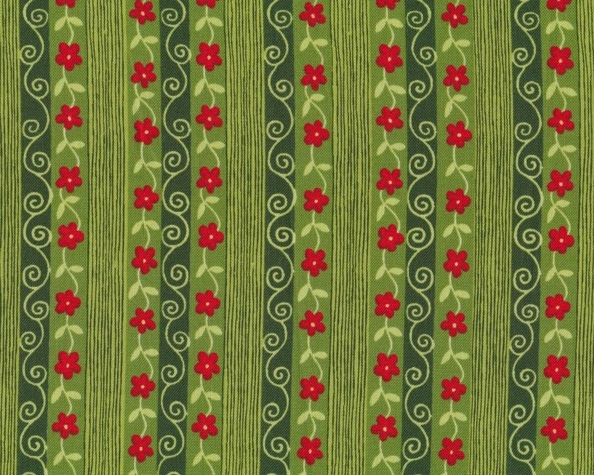 Patchworkstoff FROSTY SEASON mit Blüten-Streifen, dunkles grasgrün-rot