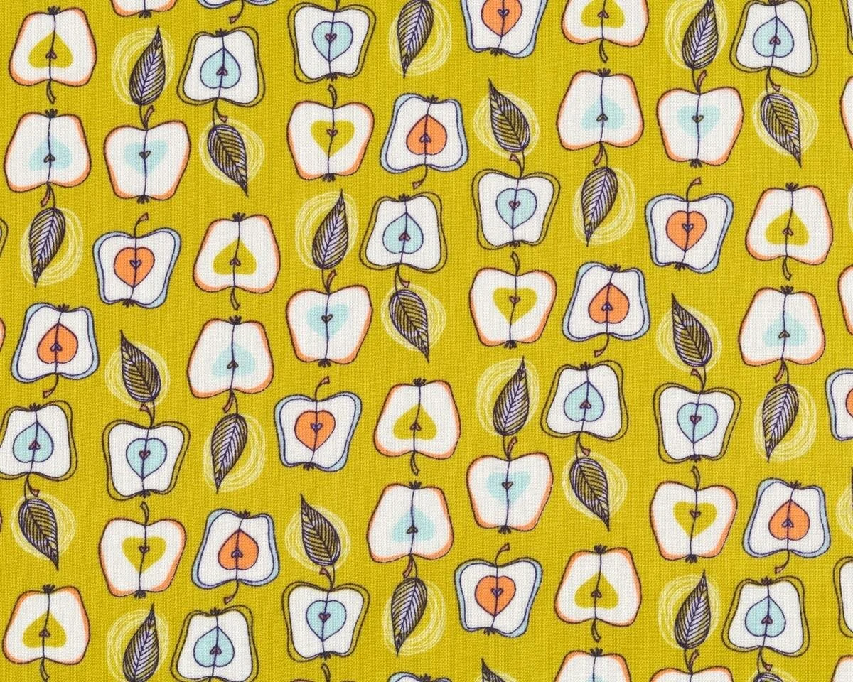 Patchworkstoff FRUIT STAND, Comic-Äpfel, senfgelb