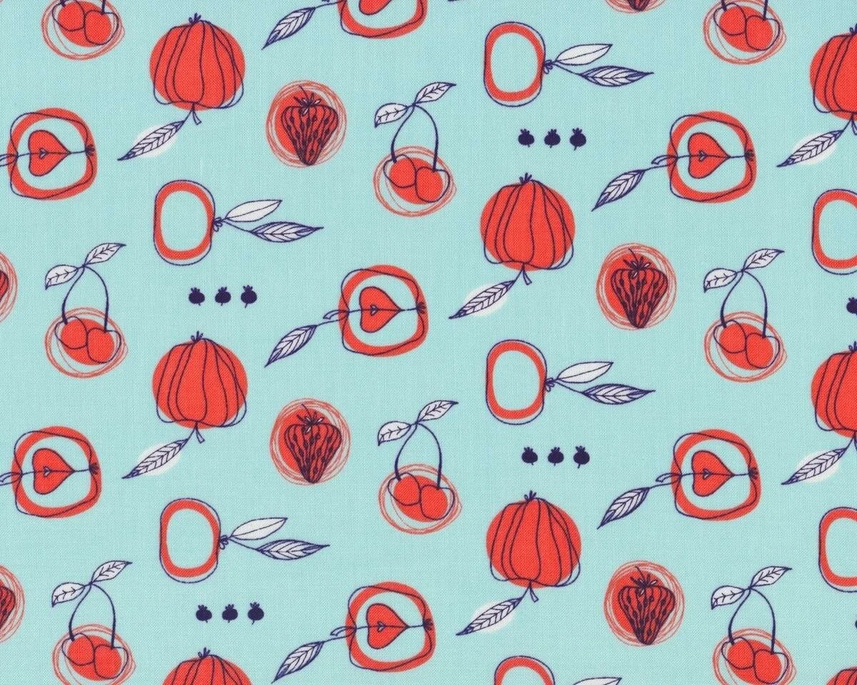 Patchworkstoff FRUIT STAND, freche Früchte, dunkles aprikot-helles hellblau