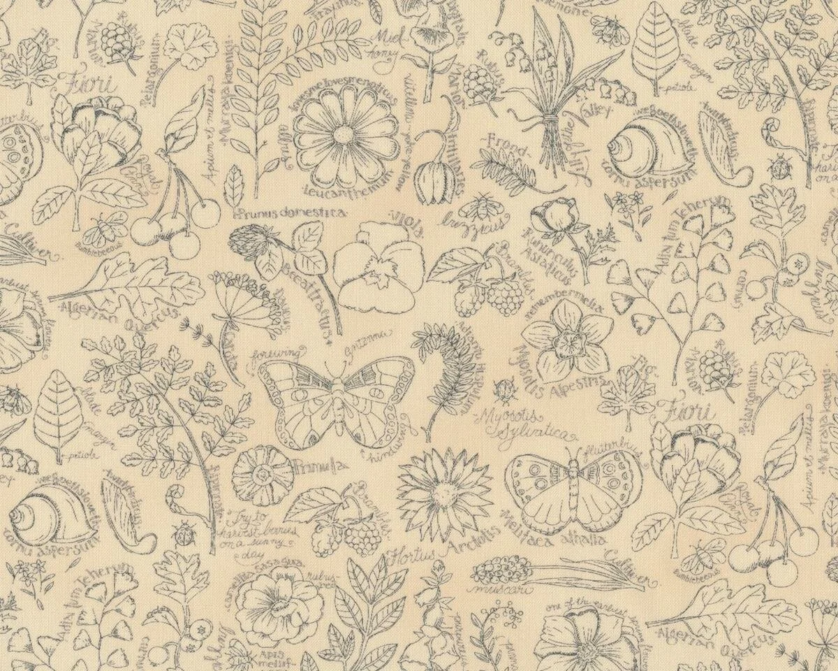 Patchworkstoff GARDEN NOTES, Flora und Fauna, hellbeige-anthrazit, Moda Fabrics