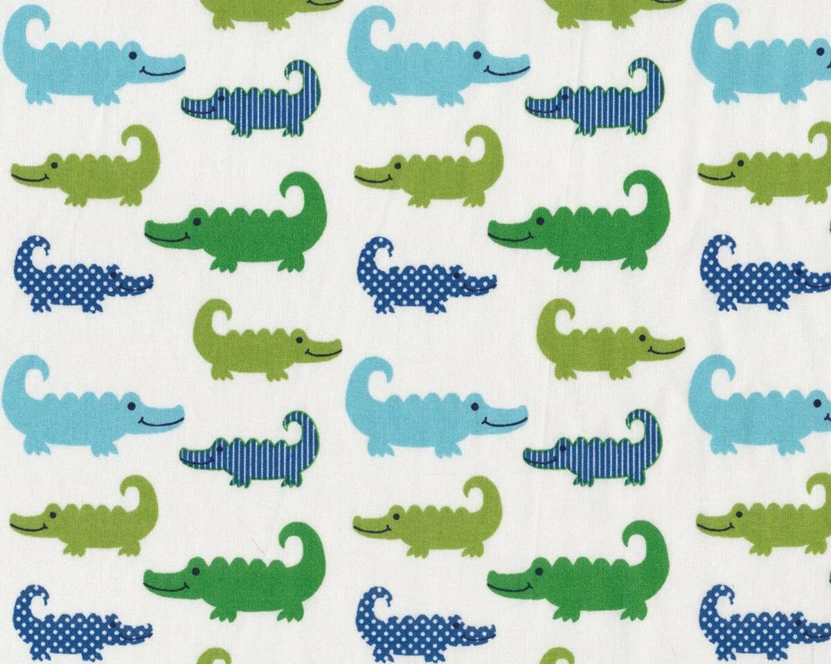 Patchworkstoff GENTLEMAN'S GATOR, Krokodile, weiß-grasgrün