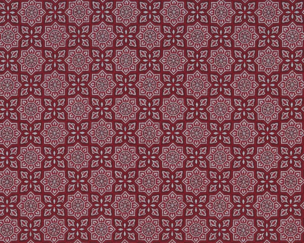 Patchworkstoff GOLD & SILBER CHRISTMAS, Blüten-Fliesenmuster, dunkelrot-silber metallic