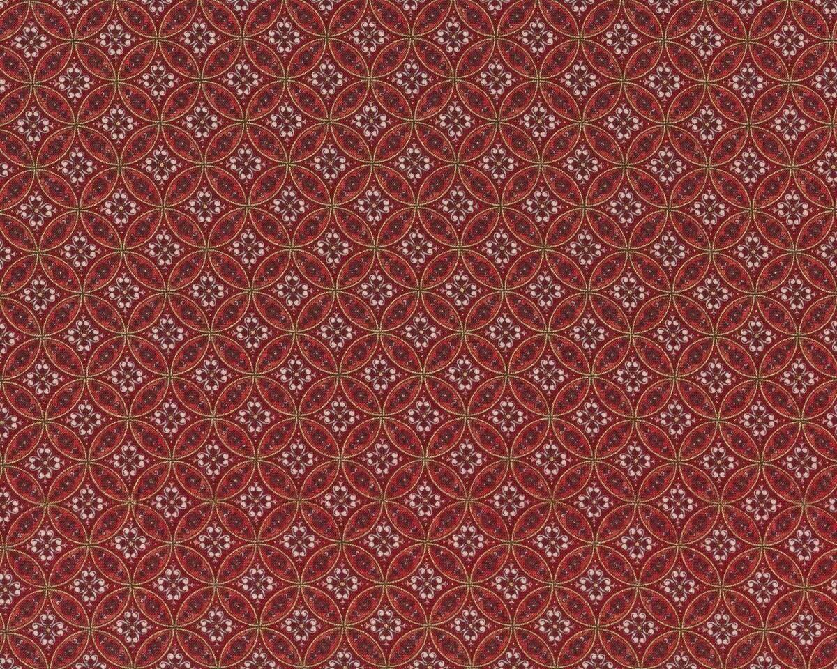 Patchworkstoff GOLD & SILBER CHRISTMAS, Zirkelkreis-Blüten, gedecktes rot-gold metallic