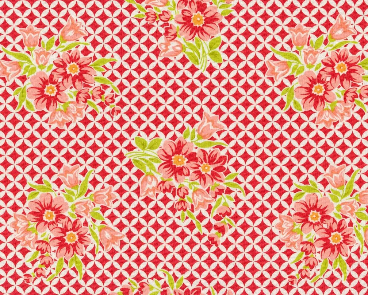 Patchworkstoff HANDMADE, Blüten auf Kreis-Rauten-Grund, rot-lachsrosa, Moda Fabrics