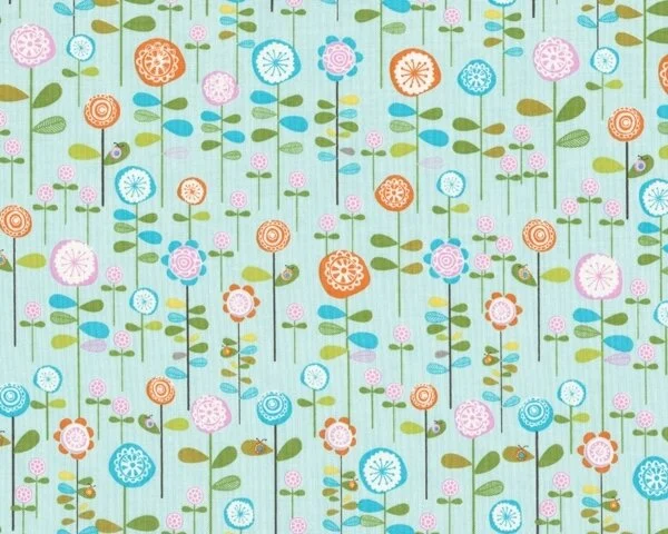 Patchworkstoff "Happier" mit Stielblüten und winzigen Käfern, hellblau-orange-olivegrün