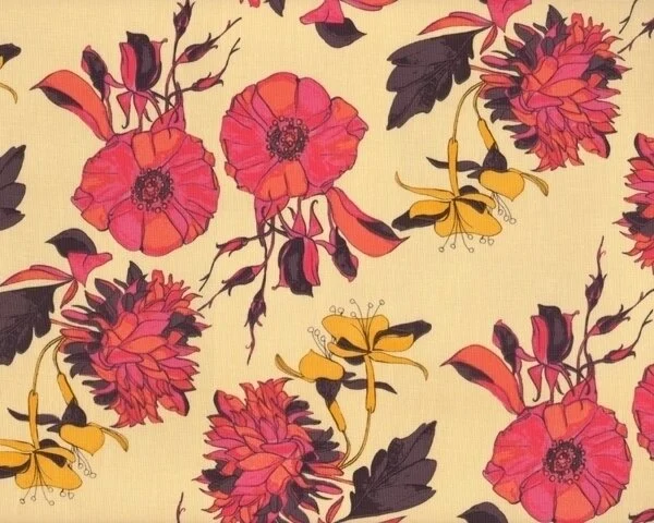 Patchworkstoff "Haven's Edge" mit gefüllten Blumen und Lilien, fuchsia-pastellgelb