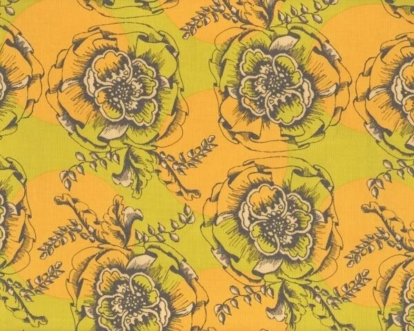 Patchworkstoff "Haven's Edge" mit gefüllten Mohnblüten, goldgelb-limette
