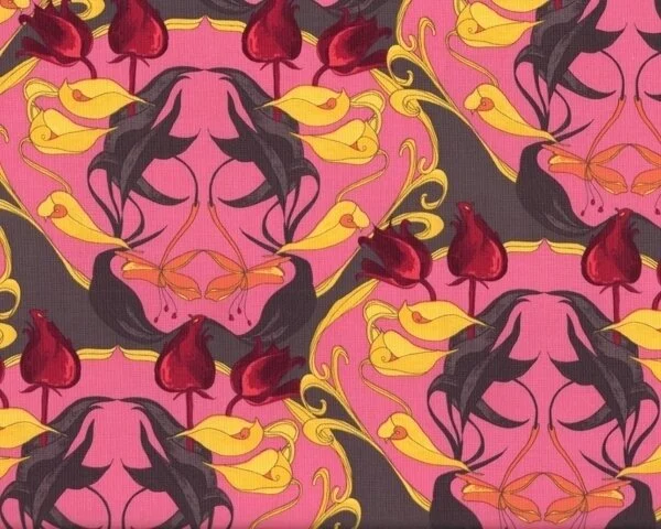 Patchworkstoff "Haven's Edge" mit gespiegeltem Blumenmotiv, kräftiges rosa-gelb
