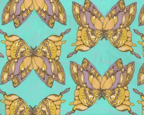 Patchworkstoff "Haven's Edge" mit großen Schmetterlingen, türkis-beige