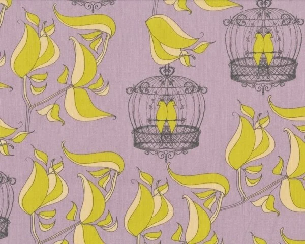 Patchworkstoff "Haven's Edge" mit Vogelkäfigen und Blattzweigen, lavendel-limette
