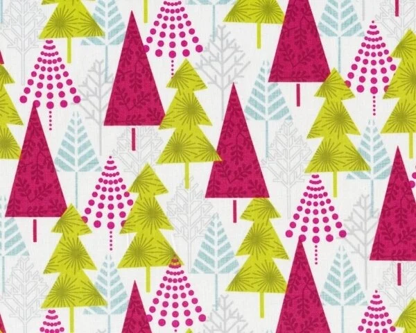 Patchworkstoff HIP HOLIDAY mit Comic-Tannenbäumen, hellgrün-fuchsia