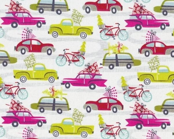 Patchworkstoff HIP HOLIDAY mit Retro-Weihnachts-Autos, fuchsia-hellgrün