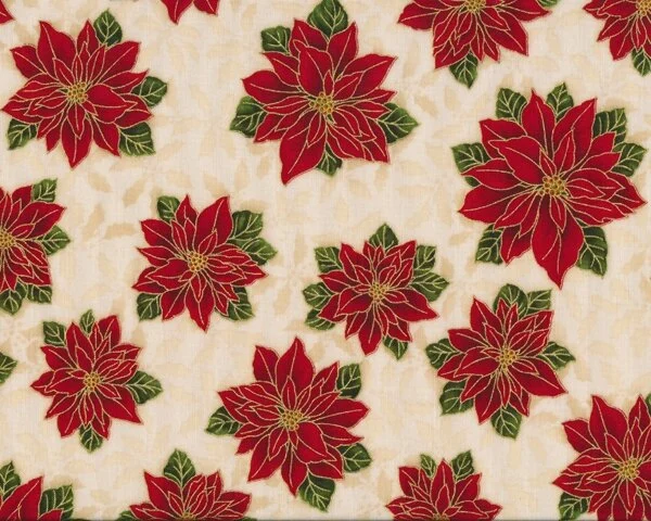 Patchworkstoff HOLIDAY FLOURISH mit Weihnachtsstern-Blüten, rot-hellbeige-gold metallic