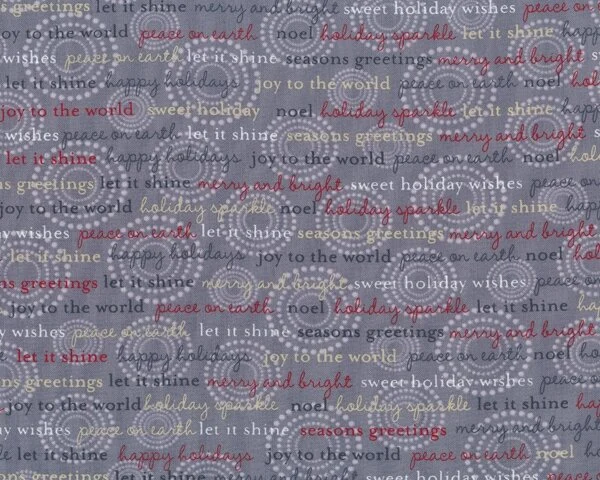 Patchworkstoff HOLIDAY SPARKLE, Punkte-Kreise und Schrift, grau