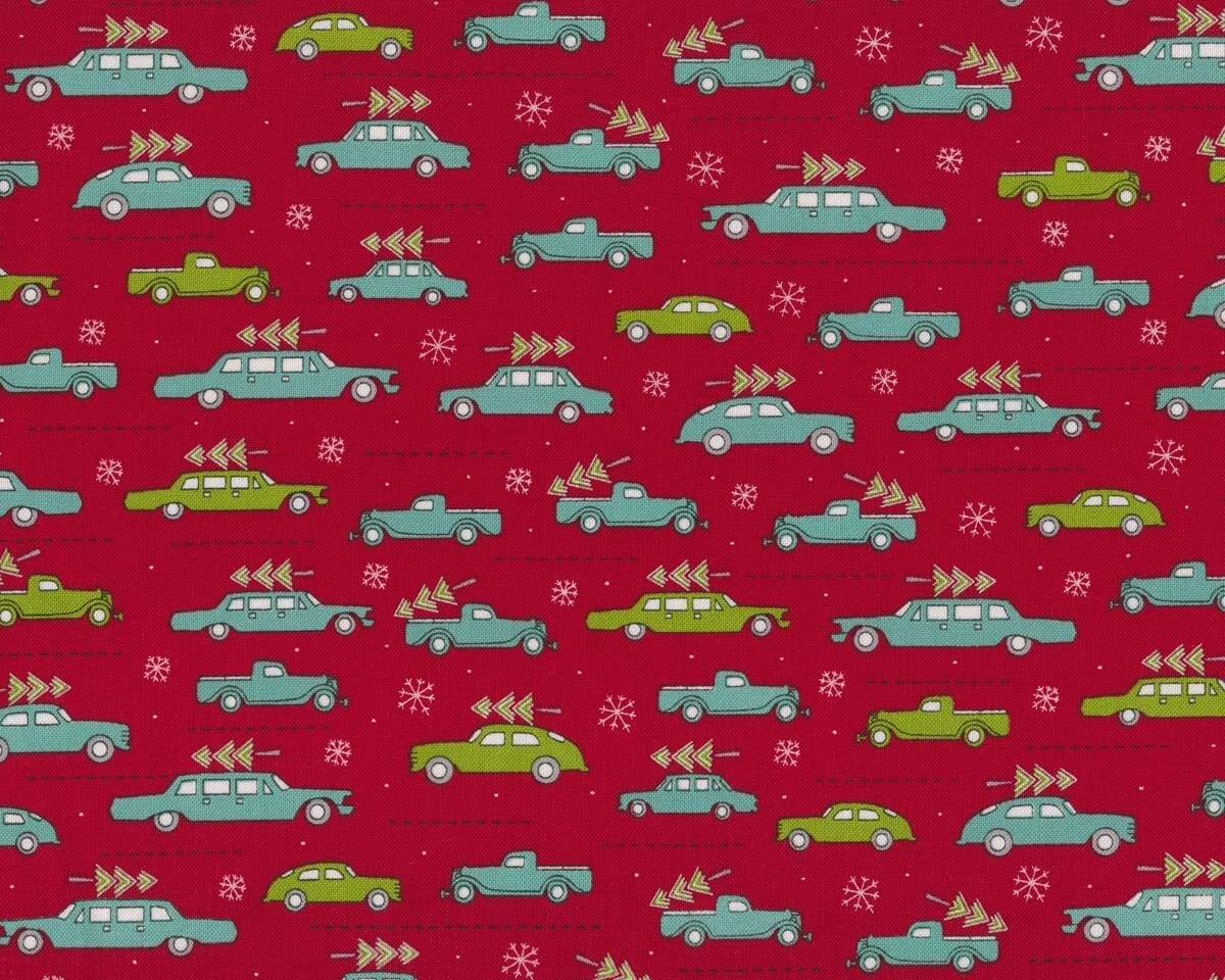 Patchworkstoff HOLLYS TREE FARM, Autos mit Tannenbäumen, dunkelrot-mintgrün, Moda Fabrics