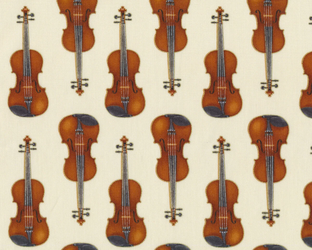 Patchworkstoff IN TUNE, Violinen, creme-braun-gold metallic