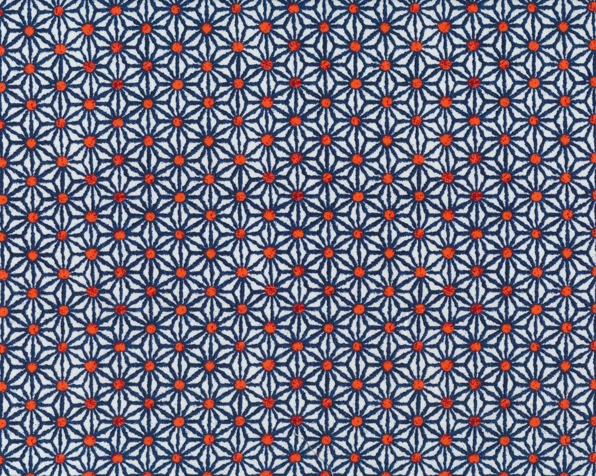 Patchworkstoff INDI IKAT, Blumen-Sterne, nachtblau-orange