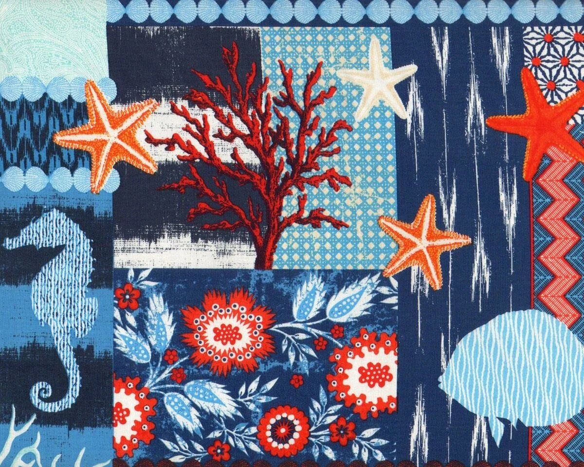 Patchworkstoff INDI IKAT, Unterwasserwelt, gedecktes blau-rot