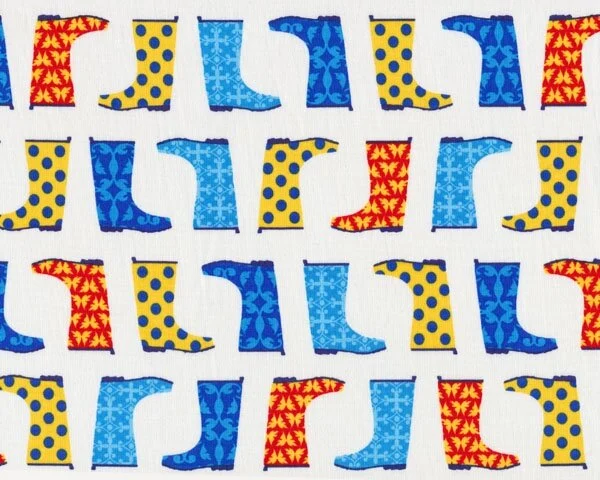 Patchworkstoff "Jack und Jenny" mit bunten Gummistiefeln, blau-rot