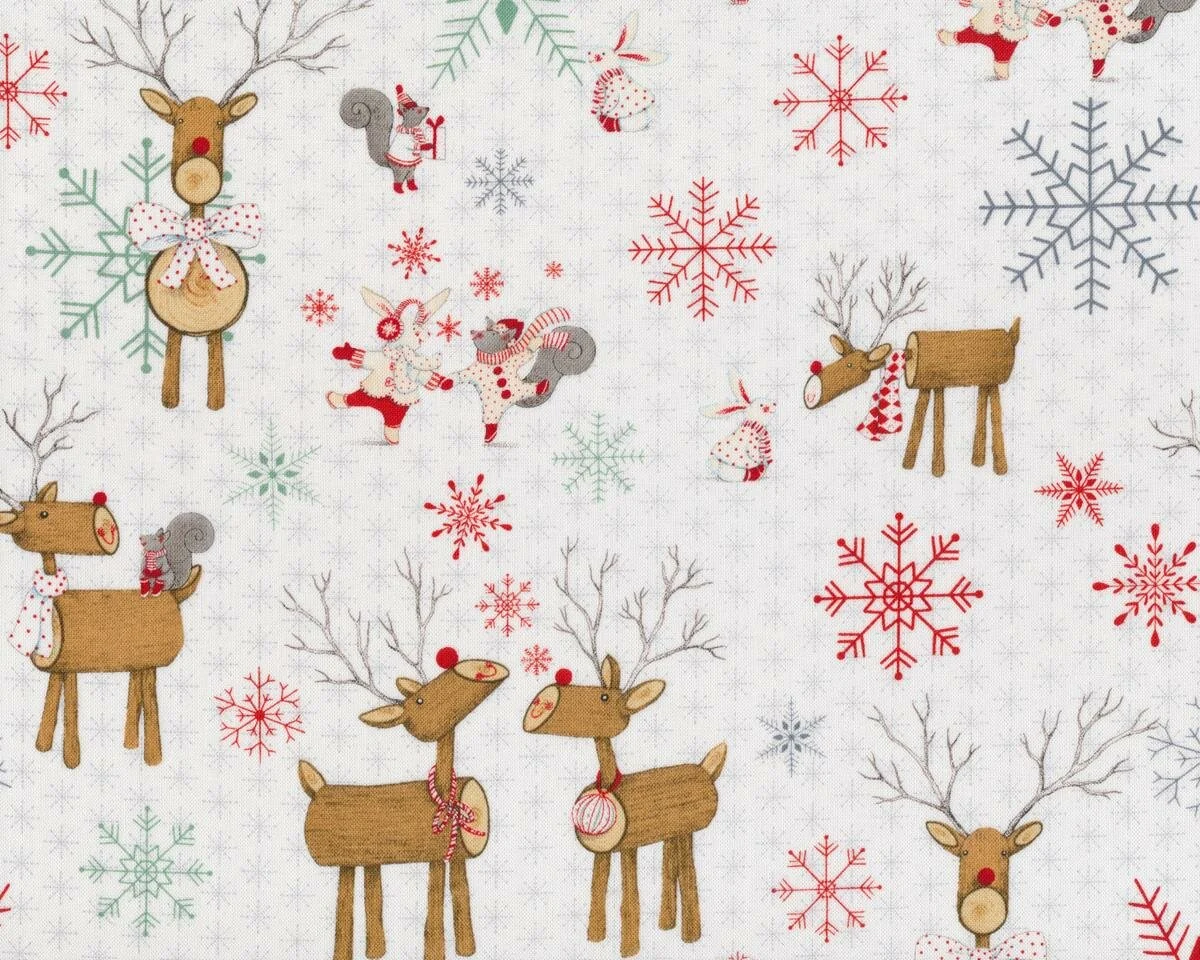 Patchworkstoff JOY, LOVE, PEACE, niedliche Holz-Rentiere, gebrochenes weiß-hellbraun