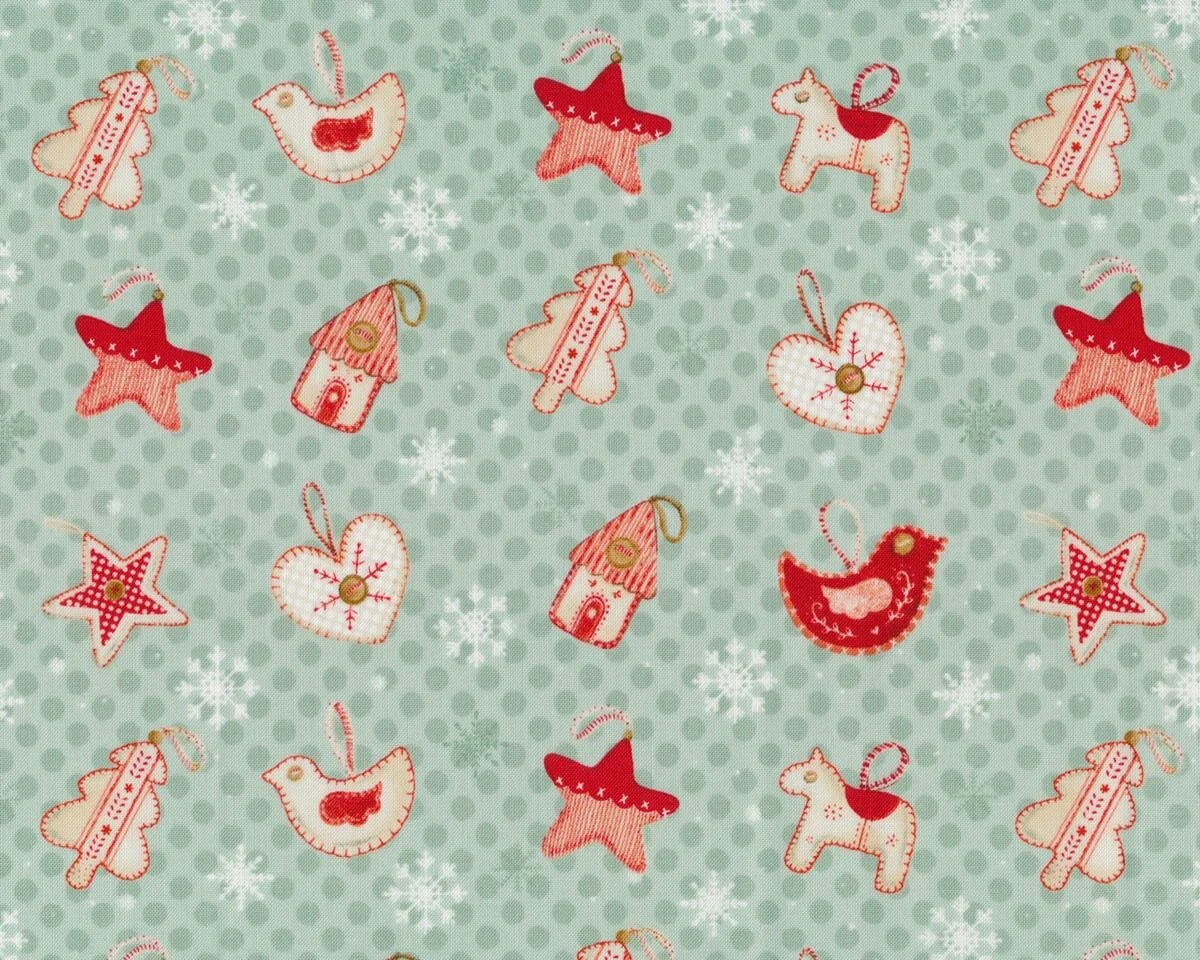 Patchworkstoff JOY, LOVE, PEACE, Weihnachtsanhänger, mintgrün-rot