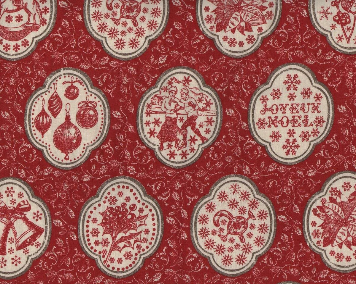 Patchworkstoff JOYEUX NOEL, Weihnachtsmedaillons, dunkelrot-hellbeige, Moda Fabrics