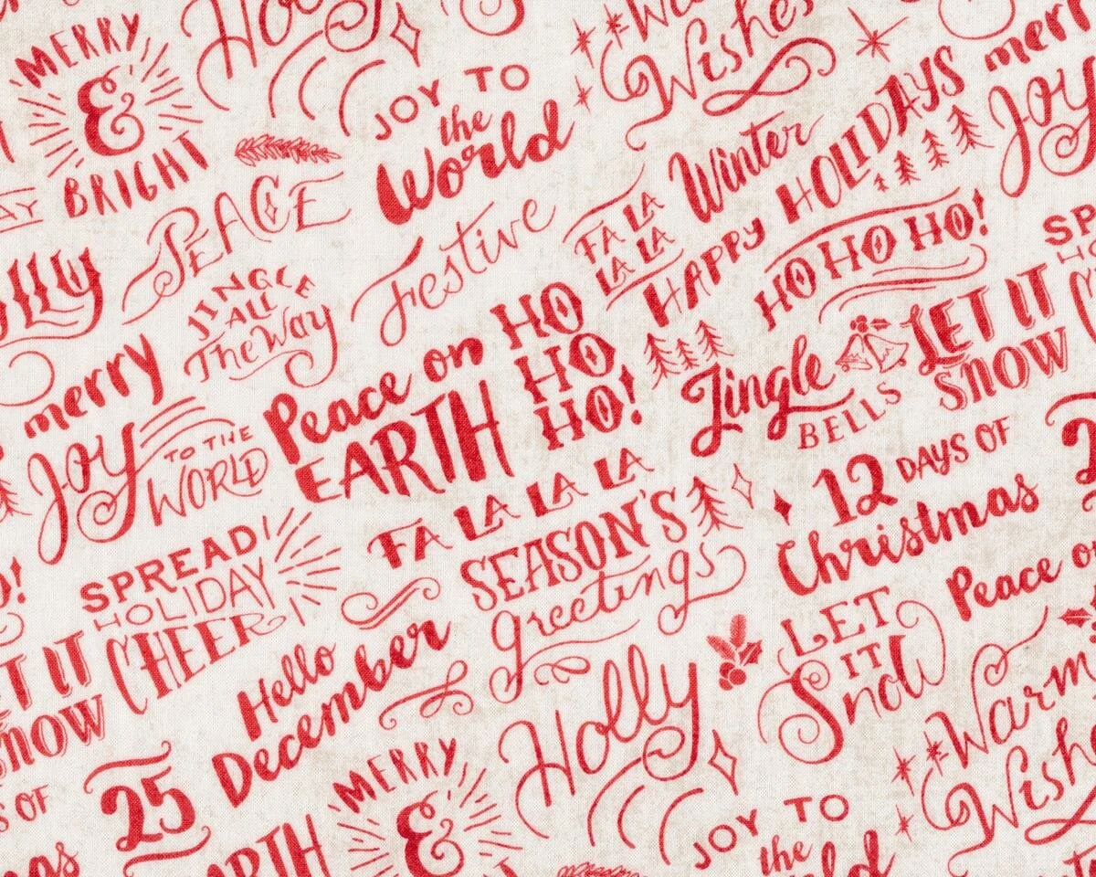 Patchworkstoff JUNIPER BERRY, Weihnachtsschrift, antikweiß-lachsrot, Moda Fabrics