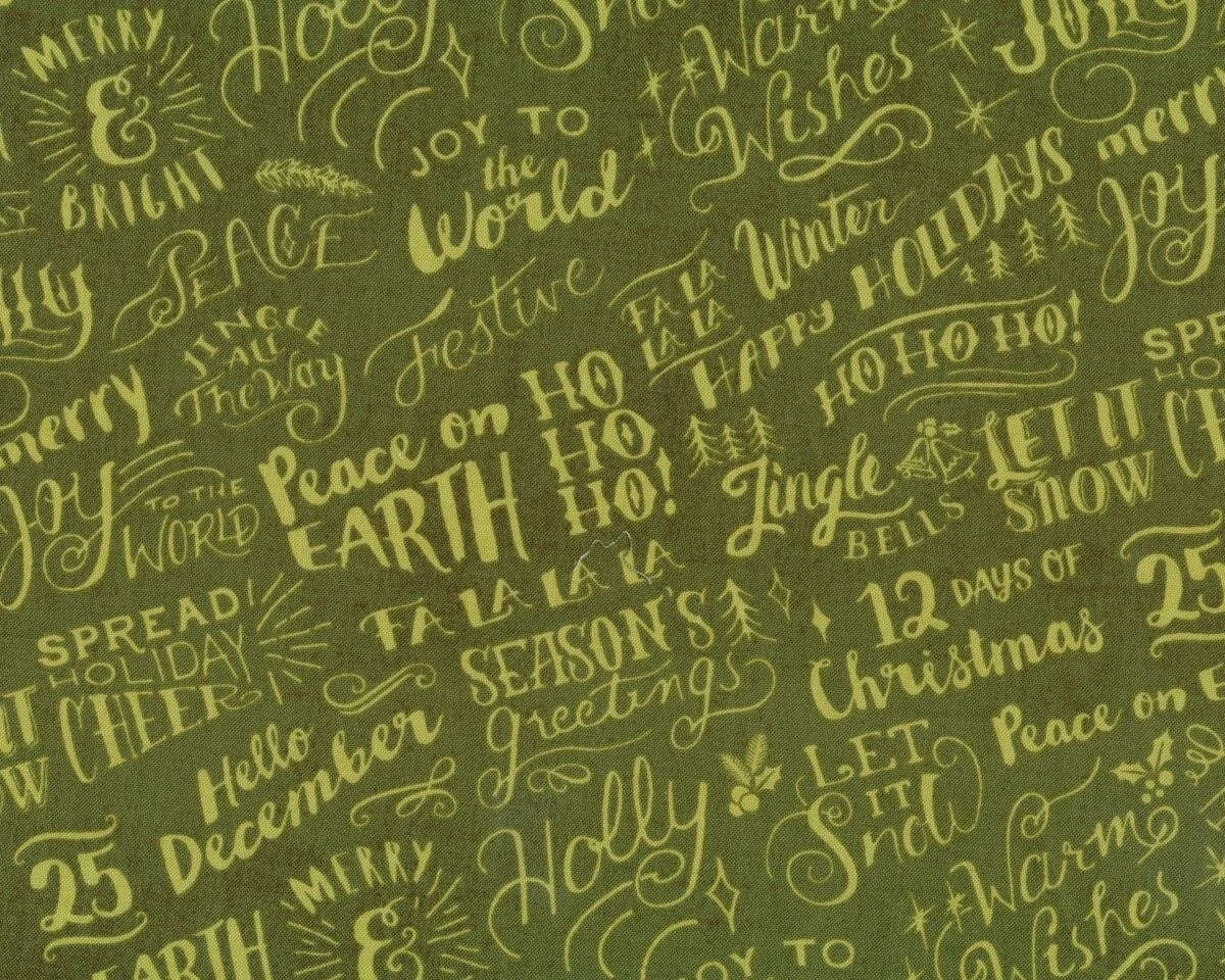 Patchworkstoff JUNIPER BERRY, Weihnachtsschrift, olivgrün-limette, Moda Fabrics
