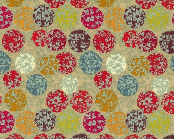 Patchworkstoff "Katherine's Wheel" mit Blätterkugeln, rot-gedecktes petrol-beige