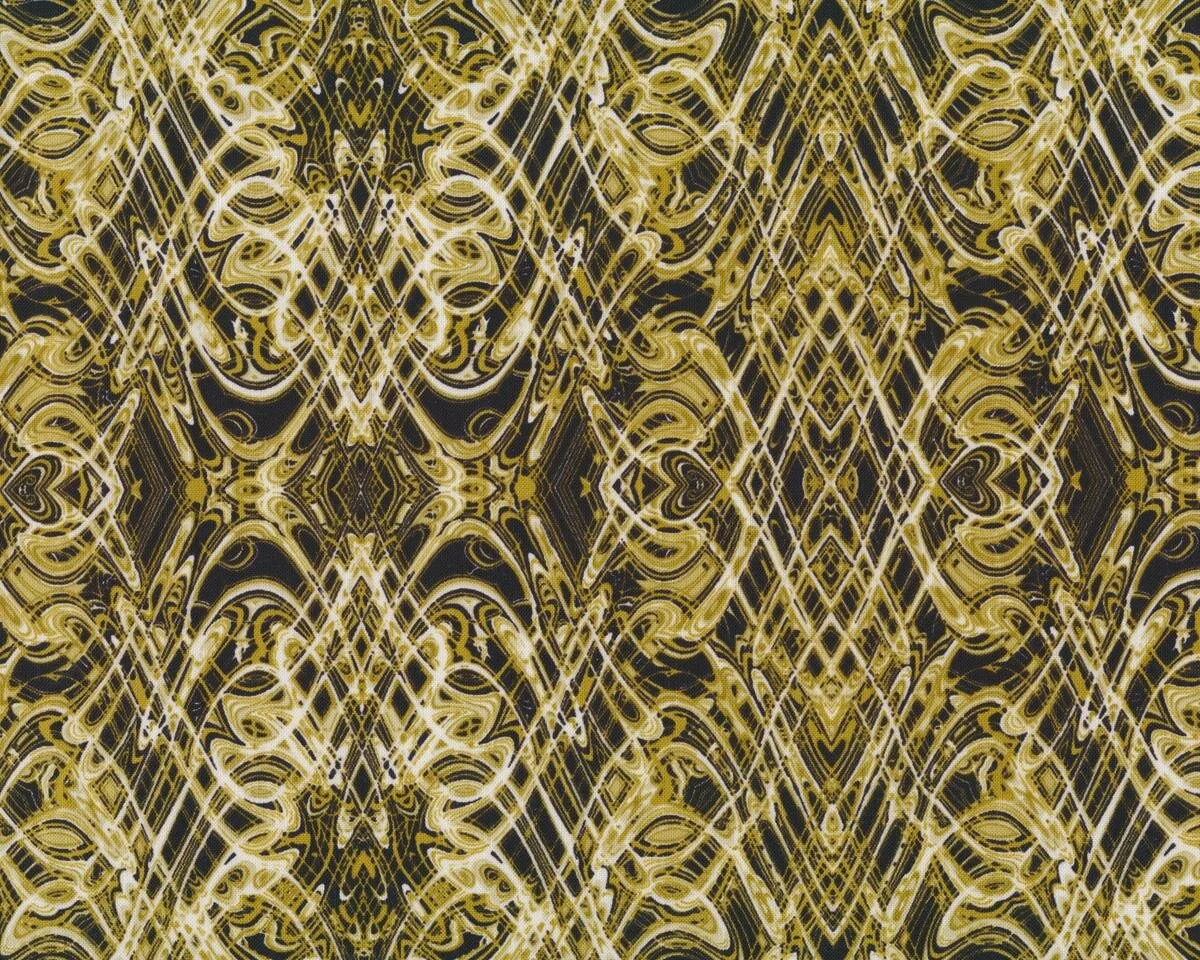 Patchworkstoff KISMET FLASH DANCE, Wellen-Kaleidoskop-Muster, senfgelb