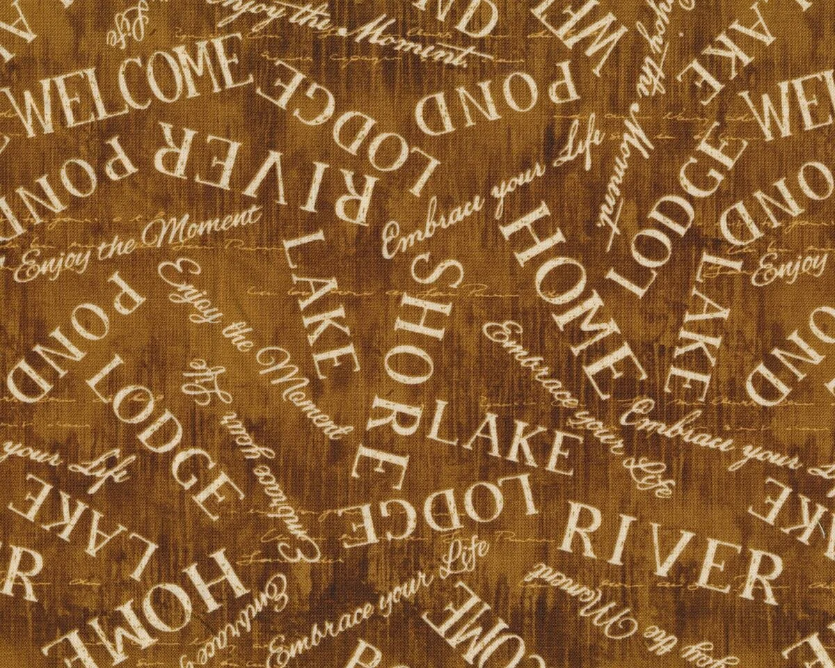 Patchworkstoff LAKESIDE RETREAT, Schrift, braun-hellbeige