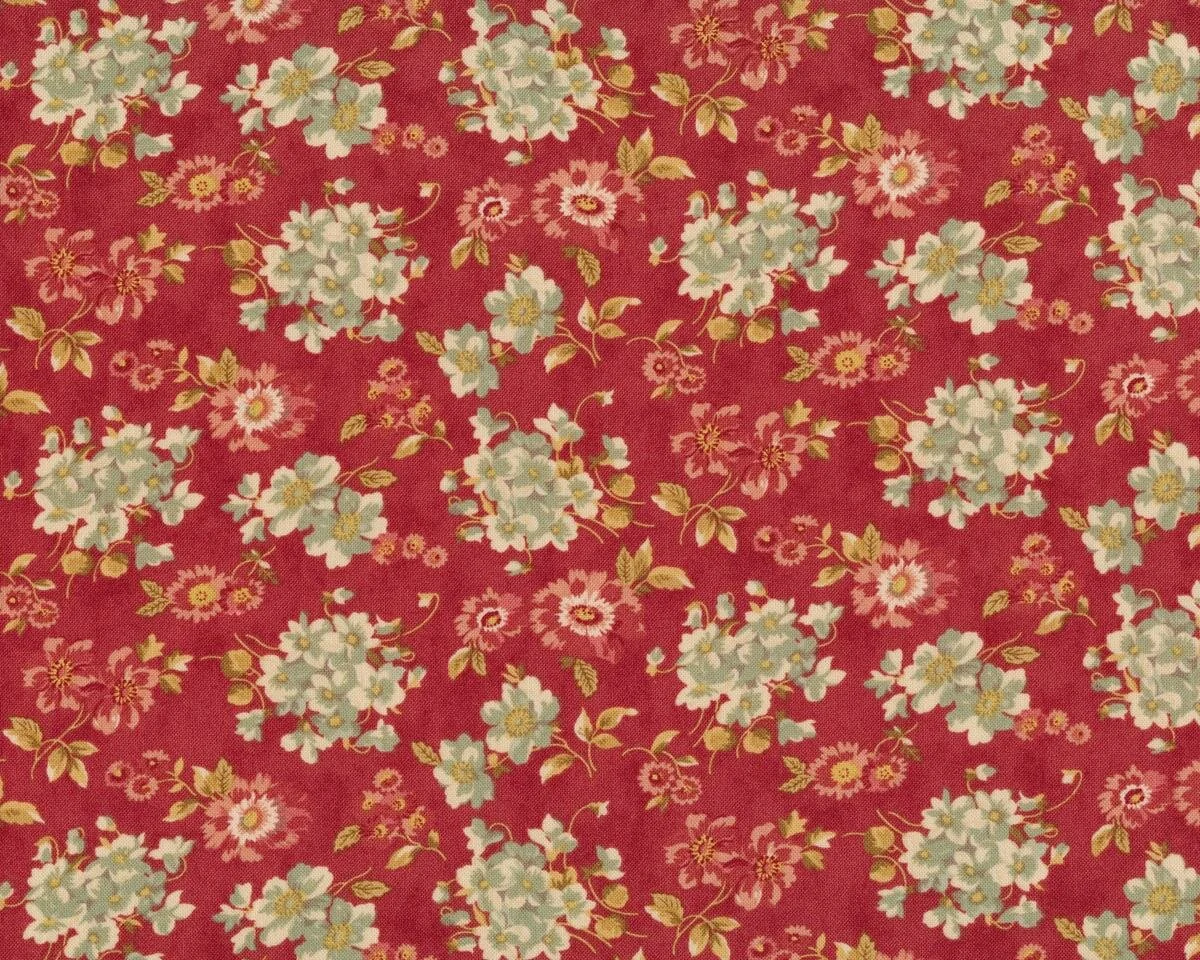 Patchworkstoff LARKSPUR, Blüten-Bouquets, gedecktes rot-gedecktes lindgrün, Moda Fabrics