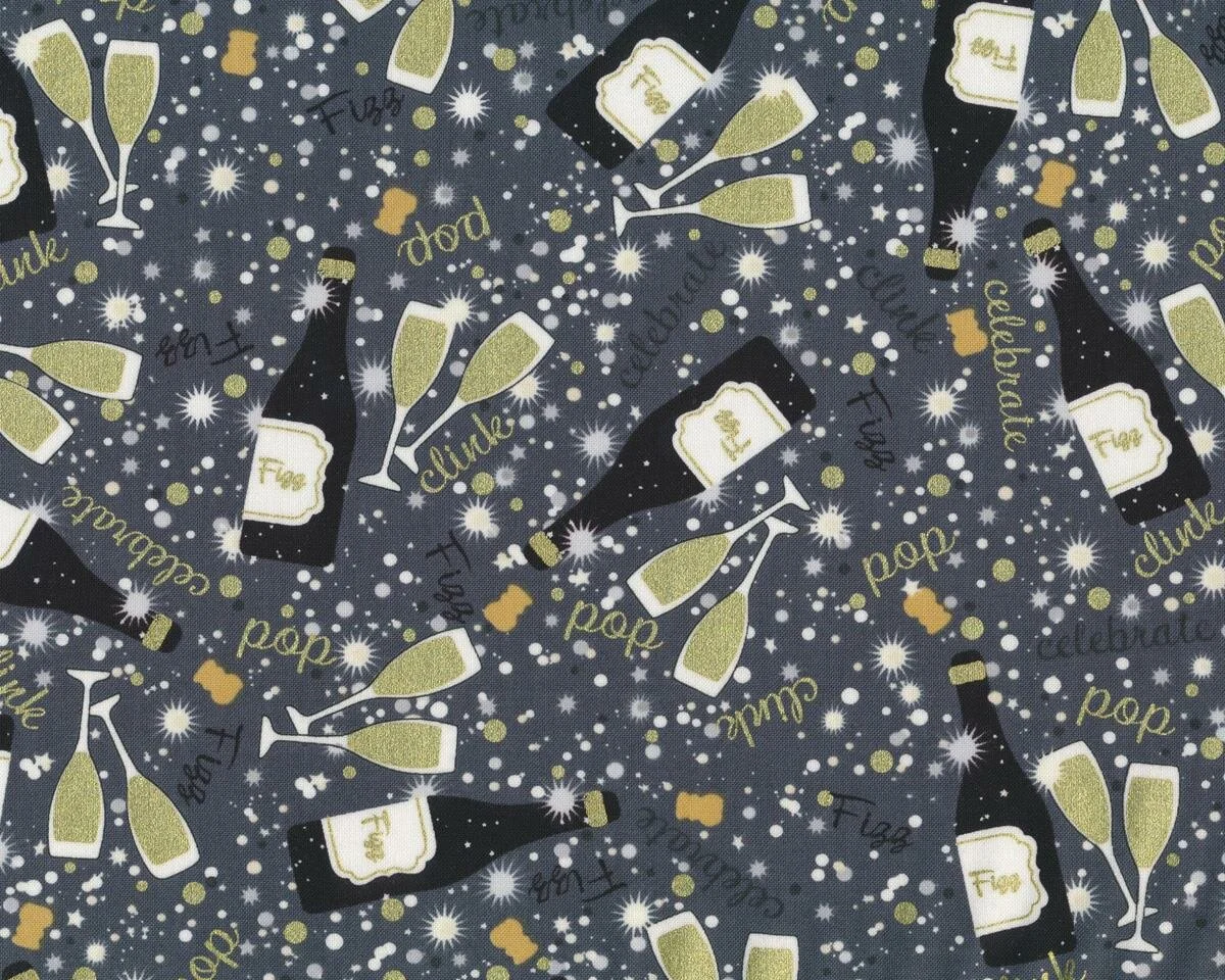 Patchworkstoff LET'S TOAST, Sekt, Punkte und Sterne, dunkelgrau-gold metallic