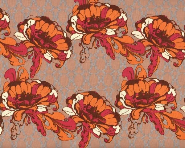 Patchworkstoff "Lilliput Fields" mit ornamentalen Blüten-Reihen, gedecktes orange-gedecktes fuchsia-braun