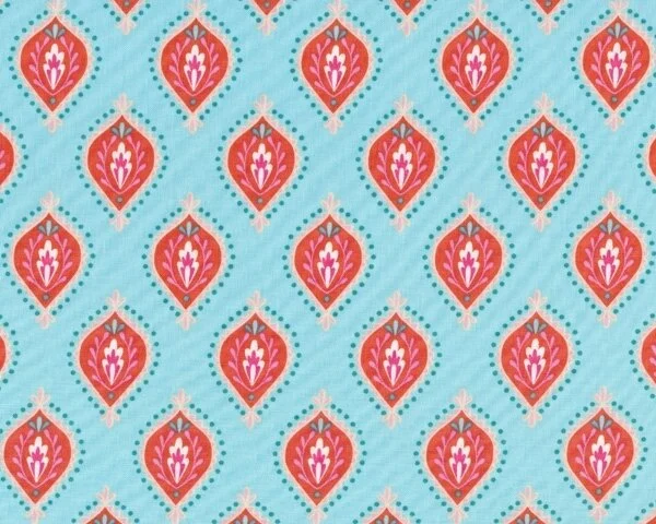 Patchworkstoff LITTLE AZALEA, Blätter-Rauten, hellblau-rot