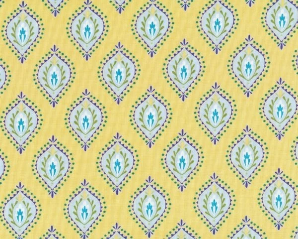 Patchworkstoff LITTLE AZALEA, Blätter-Rauten, pastellgelb-hellblau
