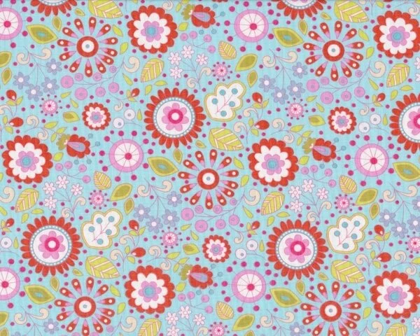 Patchworkstoff LITTLE AZALEA, Blumen und Blätter, hellblau-rot