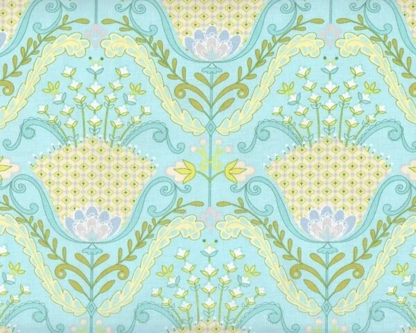 Patchworkstoff LITTLE AZALEA, Kelch-Blüten-Ranken, hellblau-pastellgelb