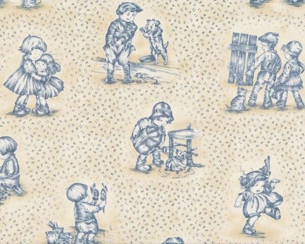 Patchworkstoff "Little Darlings" mit süßen Kinderbildern nach Hummel, gedecktes hellblau-hellbeige