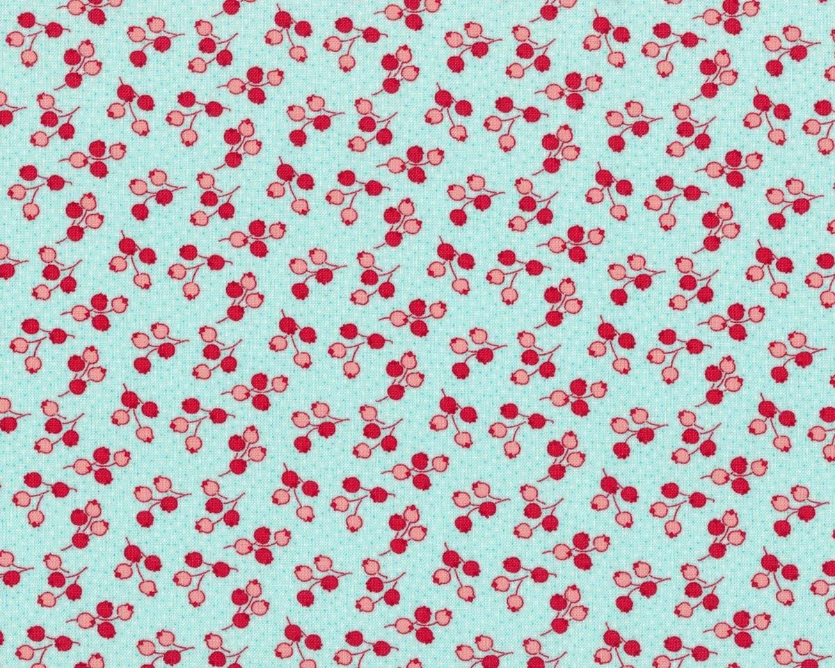 Patchworkstoff LITTLE RUBY, Beeren-Zweiglein, helles türkis-rot, Moda Fabrics