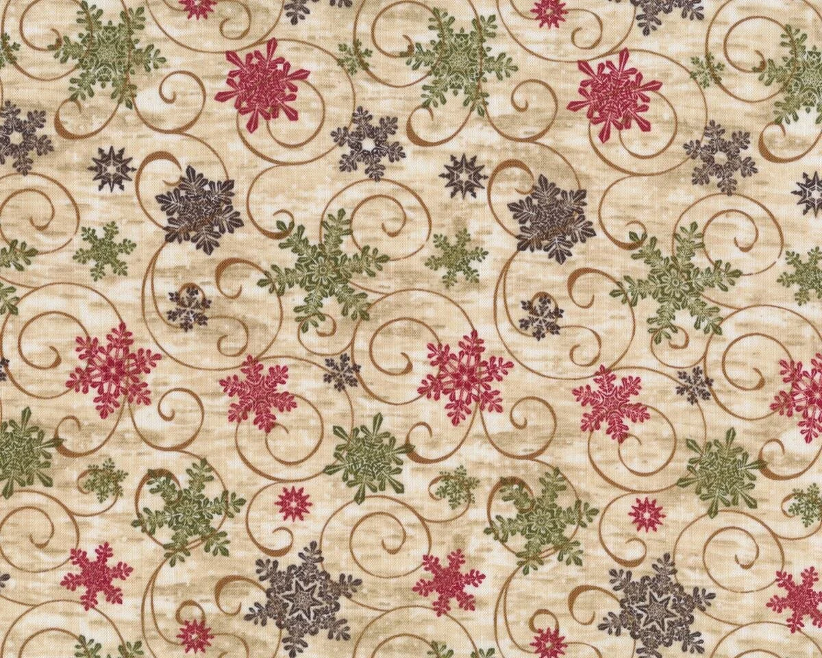 Patchworkstoff LIVING LODGE, Schneeflocken, beige-dunkelrot