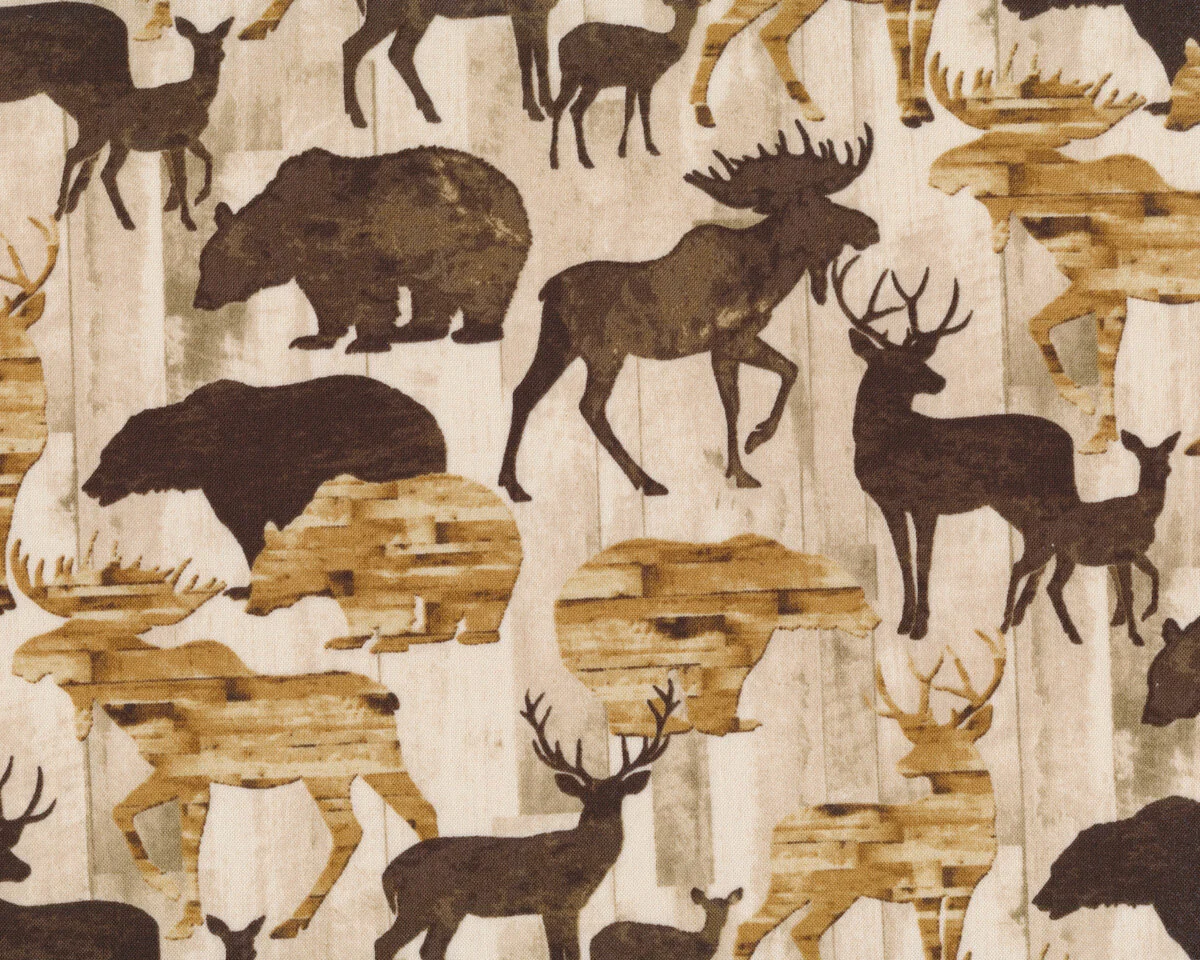Patchworkstoff LIVING LODGE, Waldtiere, beige-dunkelbraun