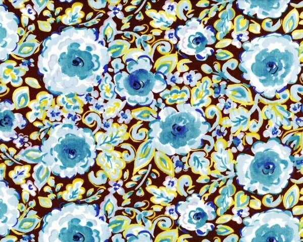 Patchworkstoff "London" mit getuschten Rosen und Blattwerk, hellblau-braun