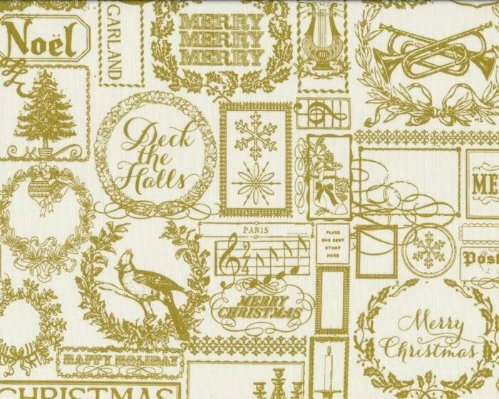 Patchworkstoff LOST & FOUND CHRISTMAS, Kerzenleuchter und Schrift, creme-gedecktes limette