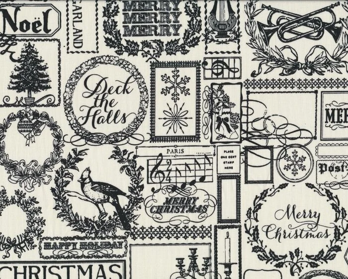Patchworkstoff LOST & FOUND CHRISTMAS, Kerzenleuchter und Schrift, wollweiß-schwarz