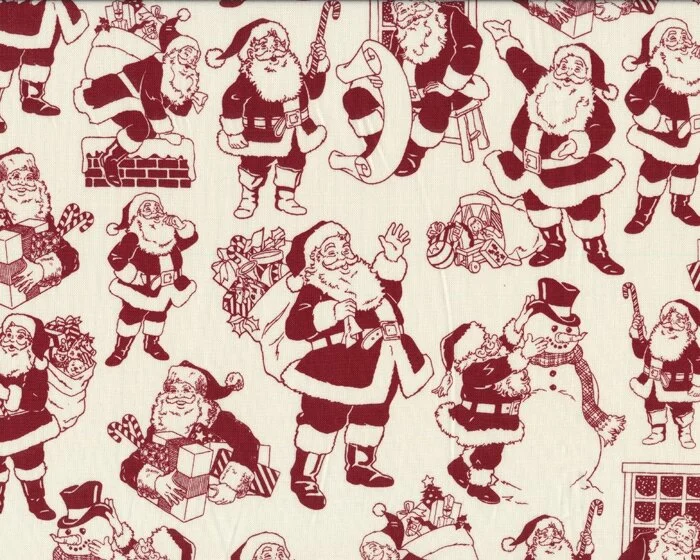 Patchworkstoff LOST & FOUND CHRISTMAS, Weihnachtsmänner, creme-gedecktes weinrot