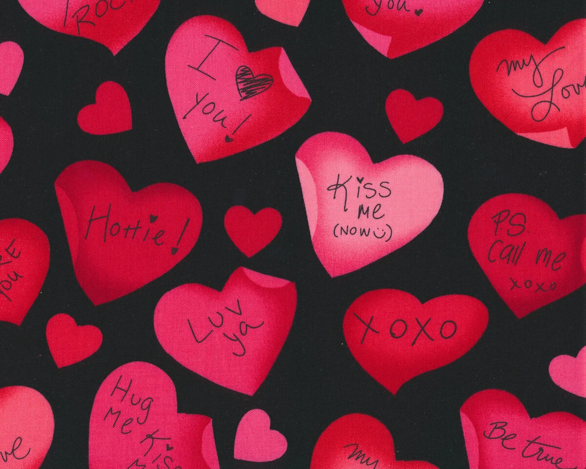 Patchworkstoff LOVE IS ALL AROUND, Liebesbotschaften, schwarz-rot